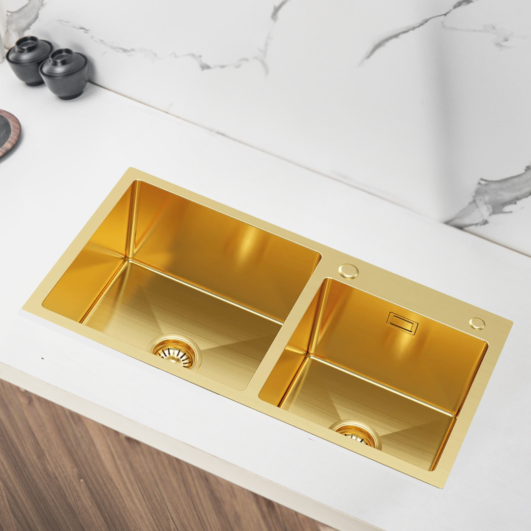 Goldene Edelstahl-Doppelspüle 78x45 cm von Velazo.