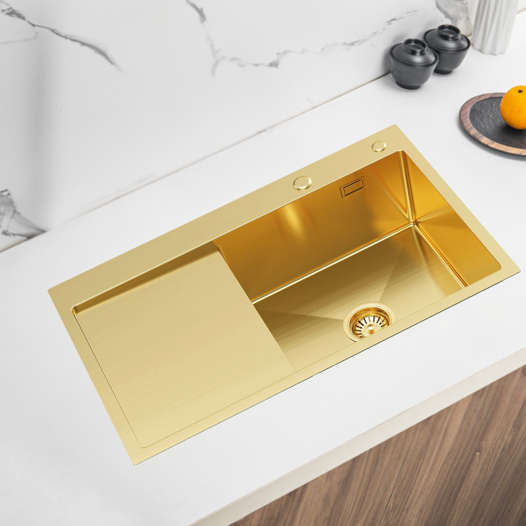 Edelstahl-Küchenspülbecken 78x49 cm Gold PVD mit Abtropfbereich auf der linken Seite von Velazo.