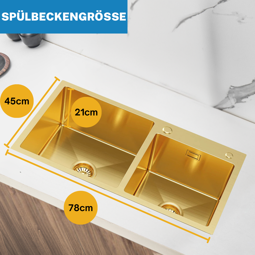 Goldene Edelstahl-Doppelspüle 78x45 cm von Velazo.
