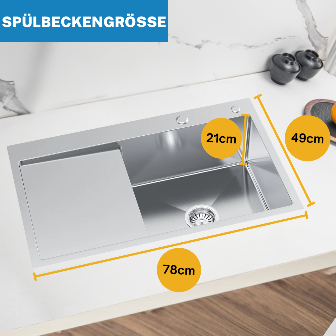 Stahl-Küchenspüle 78x49 mit Abtropffläche links von Velazo.