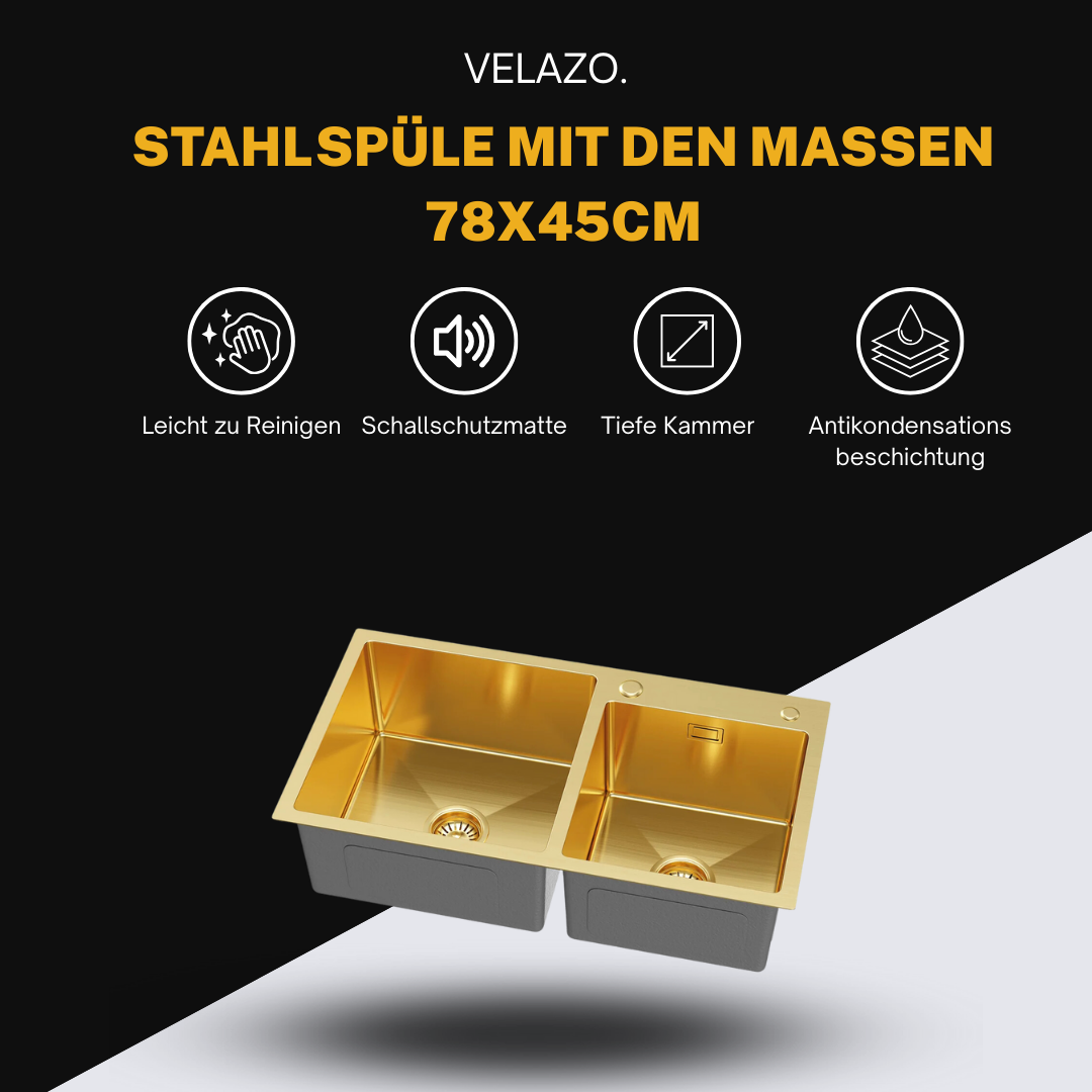 Goldene Edelstahl-Doppelspüle 78x45 cm von Velazo.