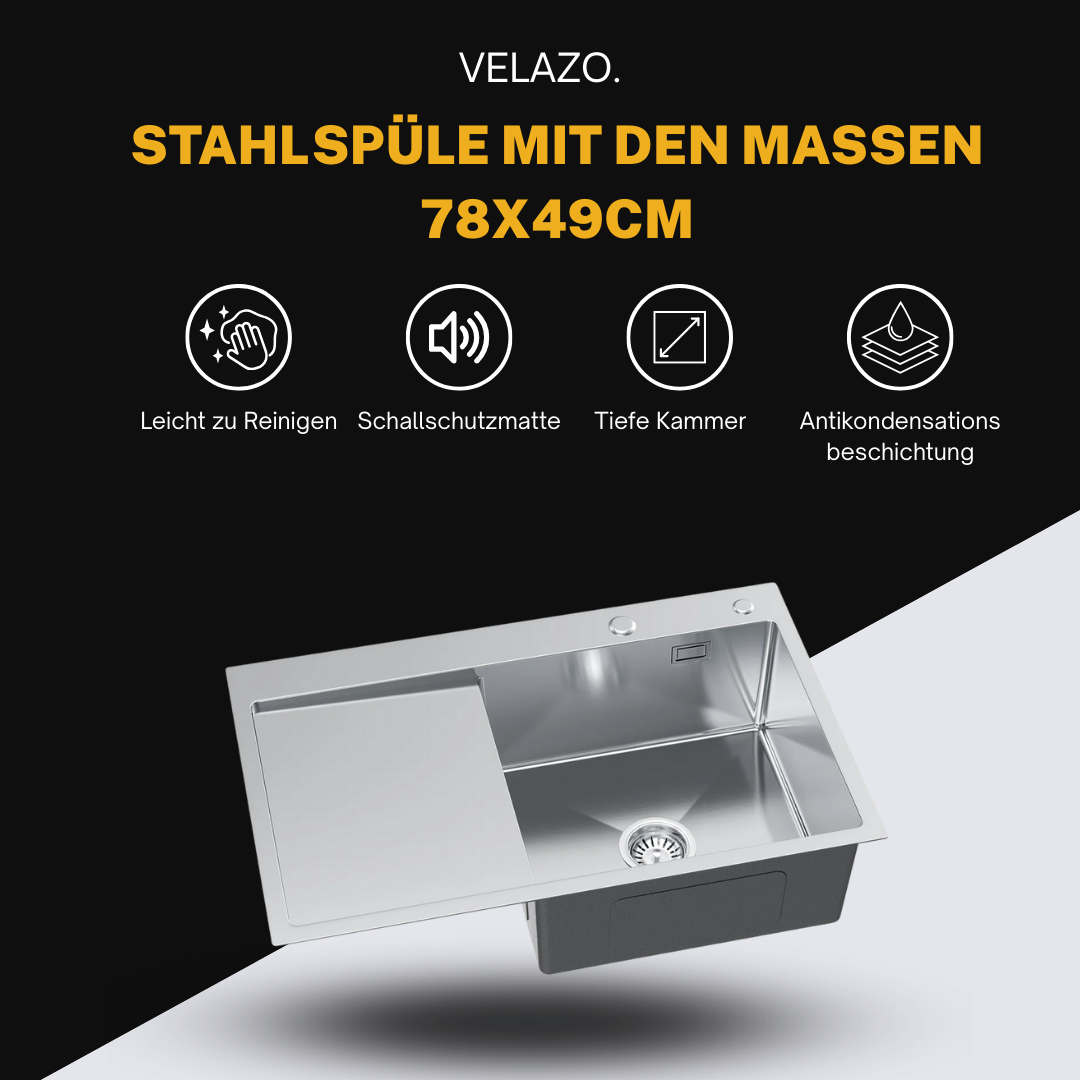 Stahl-Küchenspüle 78x49 mit Abtropffläche links von Velazo.