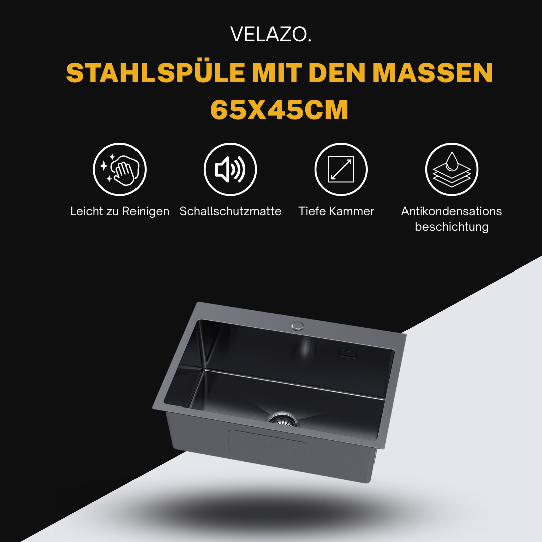 PVD-Graphit-Küchenspüle – 65 x 45 cm von Velazo.