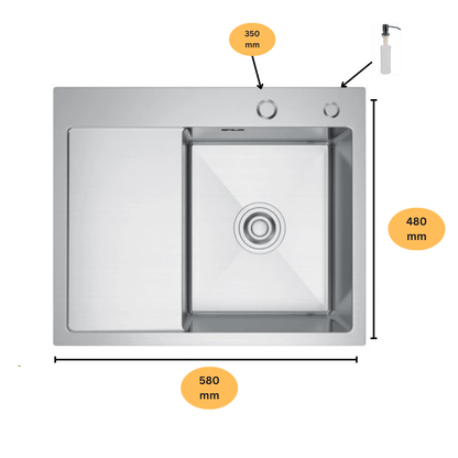 Edelstahl-Spülbecken mit Abtropfbereich 58x48 cm R Inox mit Hahnloch von Velazo