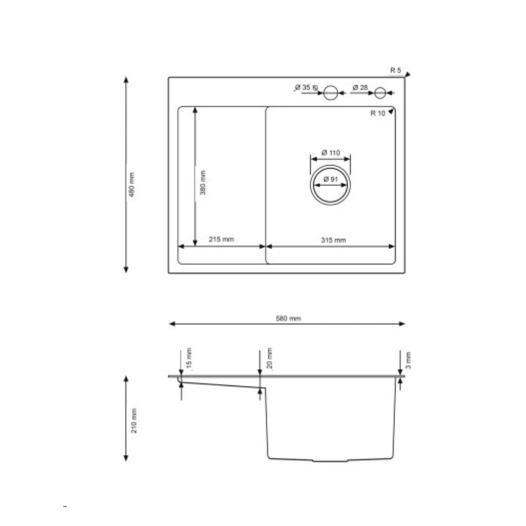 Edelstahl-Spülbecken mit Abtropfbereich 58x48 cm R Inox mit Hahnloch von Velazo