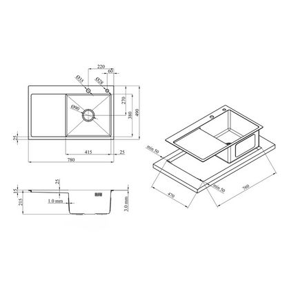 Küchenspüle aus Stahl 78x49 PVD Graphit mit Abtropffläche links von Velazo.