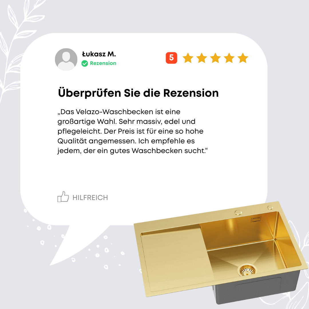 Single bowl sink with drainer 78x49cm L Gold PVD from Velazo.