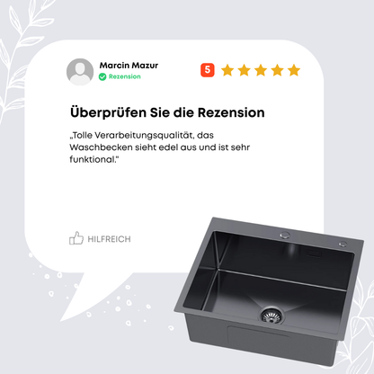 Edelstahl-Einzelbeckenspüle 60x50 cm mit tiefem Becken und Loch für Seifenspender – PVD Graphit von Velazo.