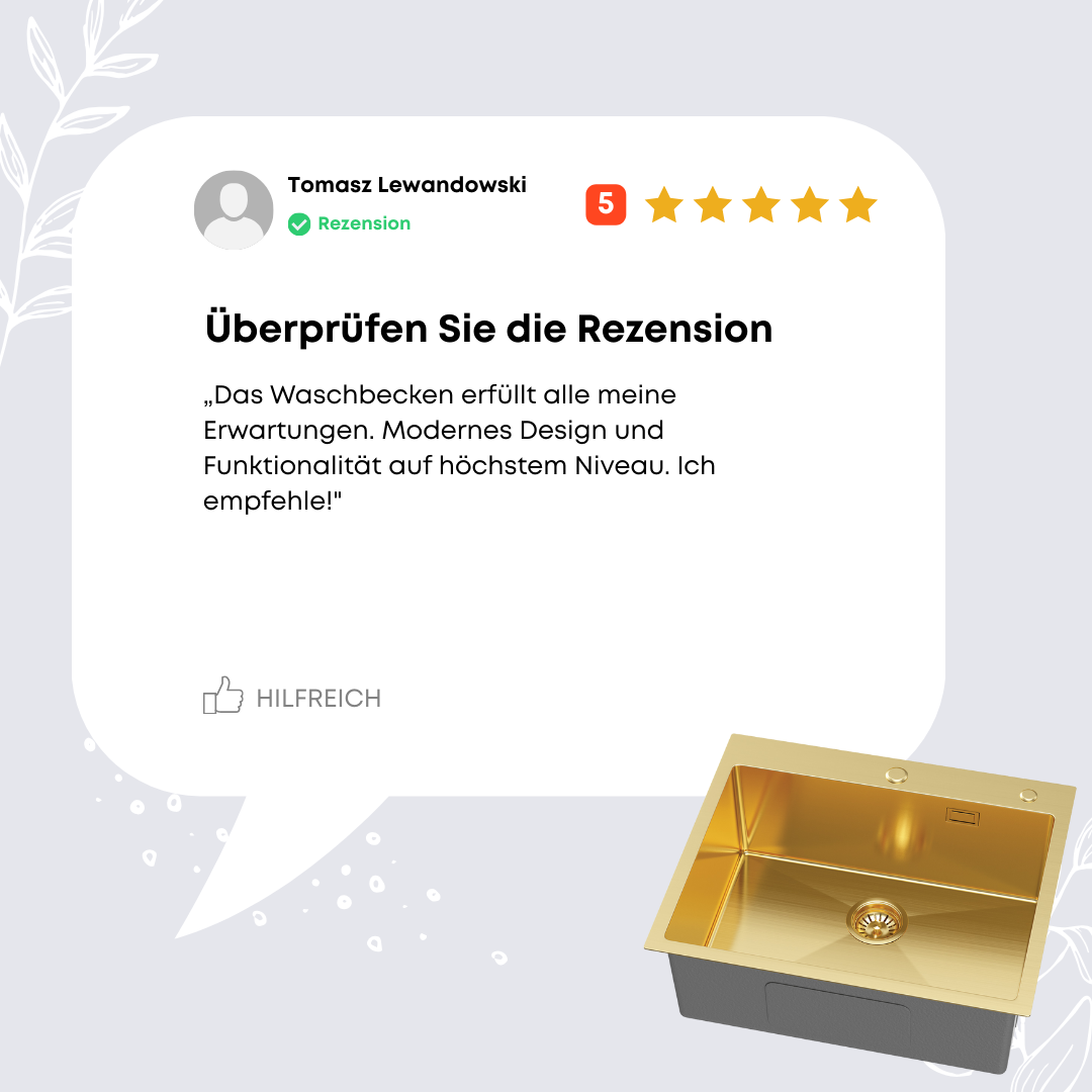 Goldene Einzelspüle aus Stahl, 60 x 50 cm, von Velazo.