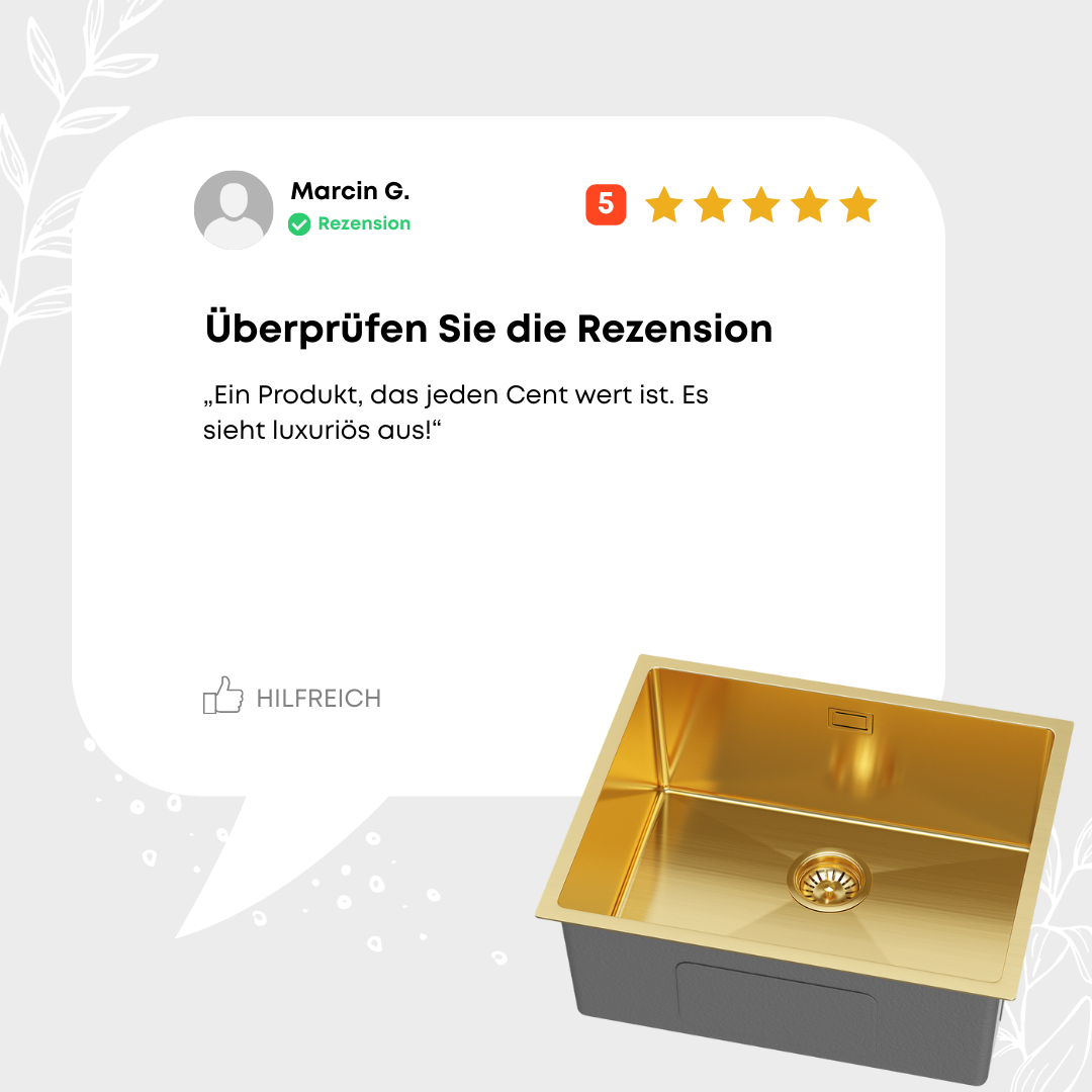 Goldene Einzelspüle aus Stahl, 54 x 44 cm, von Velazo.