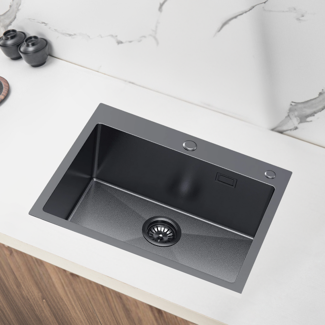 Single-bowl steel sink 55x45 cm PVD Black from Velazo. 