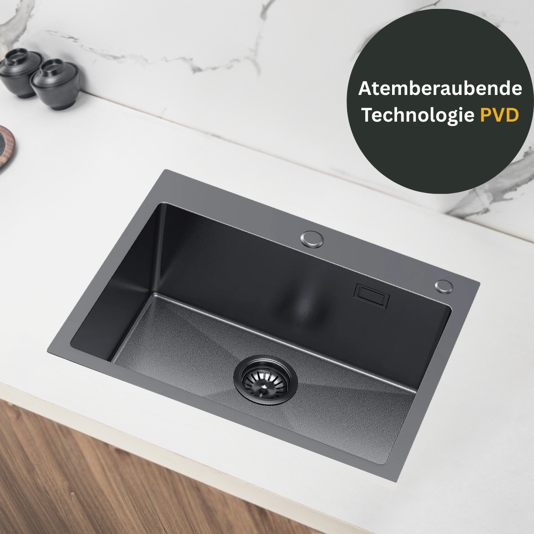 Single-bowl steel sink 55x45 cm PVD Black from Velazo. 