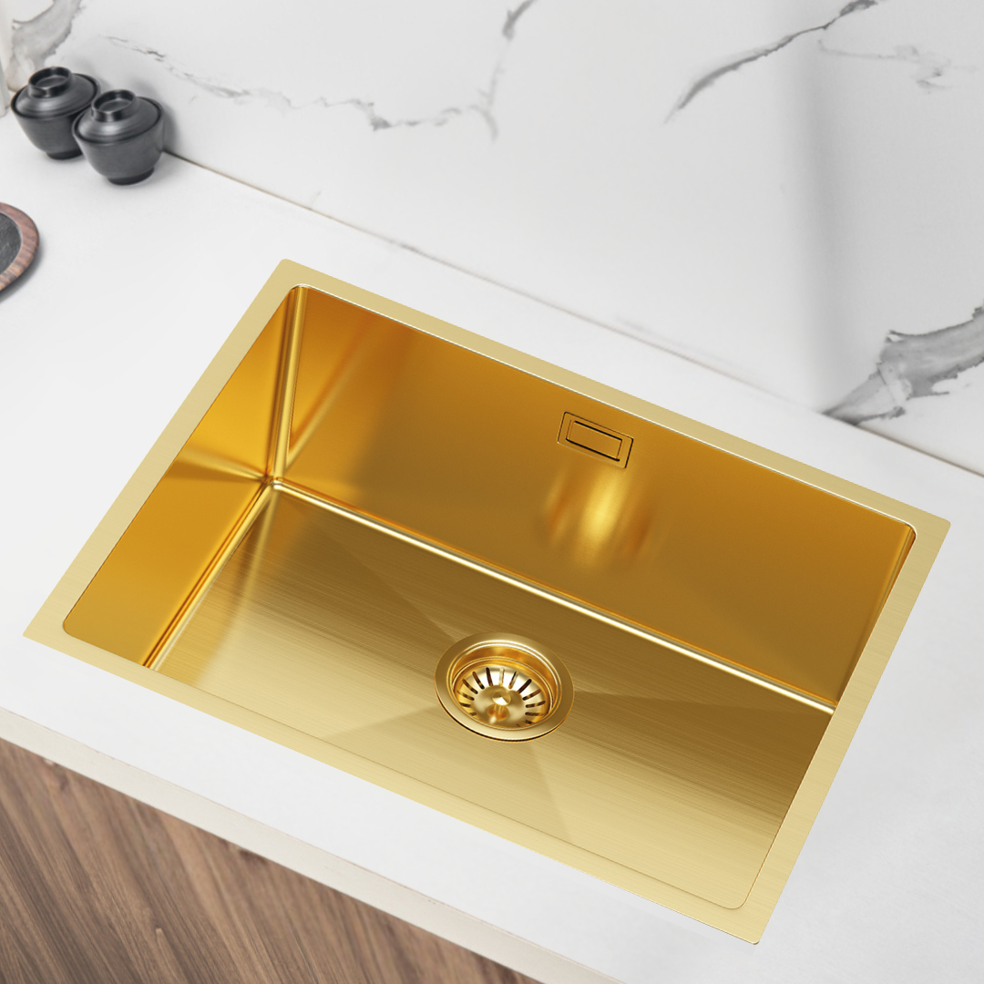 Goldene Edelstahl-Einzelbeckenspüle 54x44 cm von Velazo.
