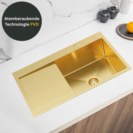 Küchenspüle aus Stahl 78x49 Gold PVD mit Abtropffläche links von Velazo.
