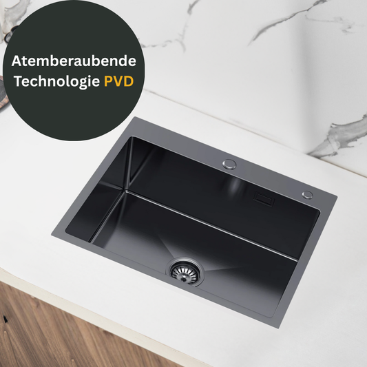 Einzelspüle aus Stahl, 60 x 50 cm, mit tiefem Becken und Loch für Spender – PVD-Graphit von Velazo.