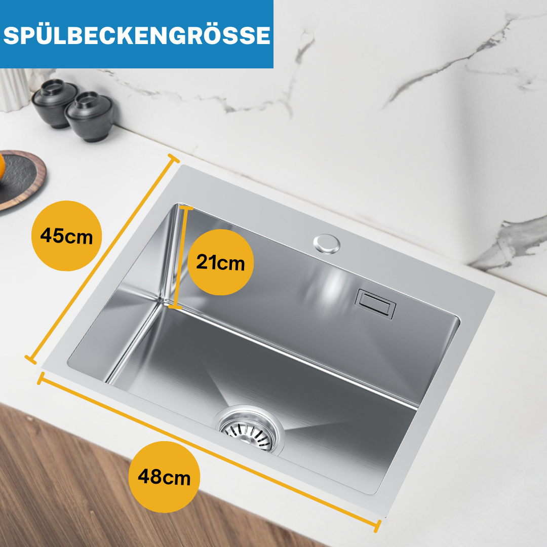 Single-bowl stainless steel sink, silver inox, 48x45cm, with Velazo tap hole.