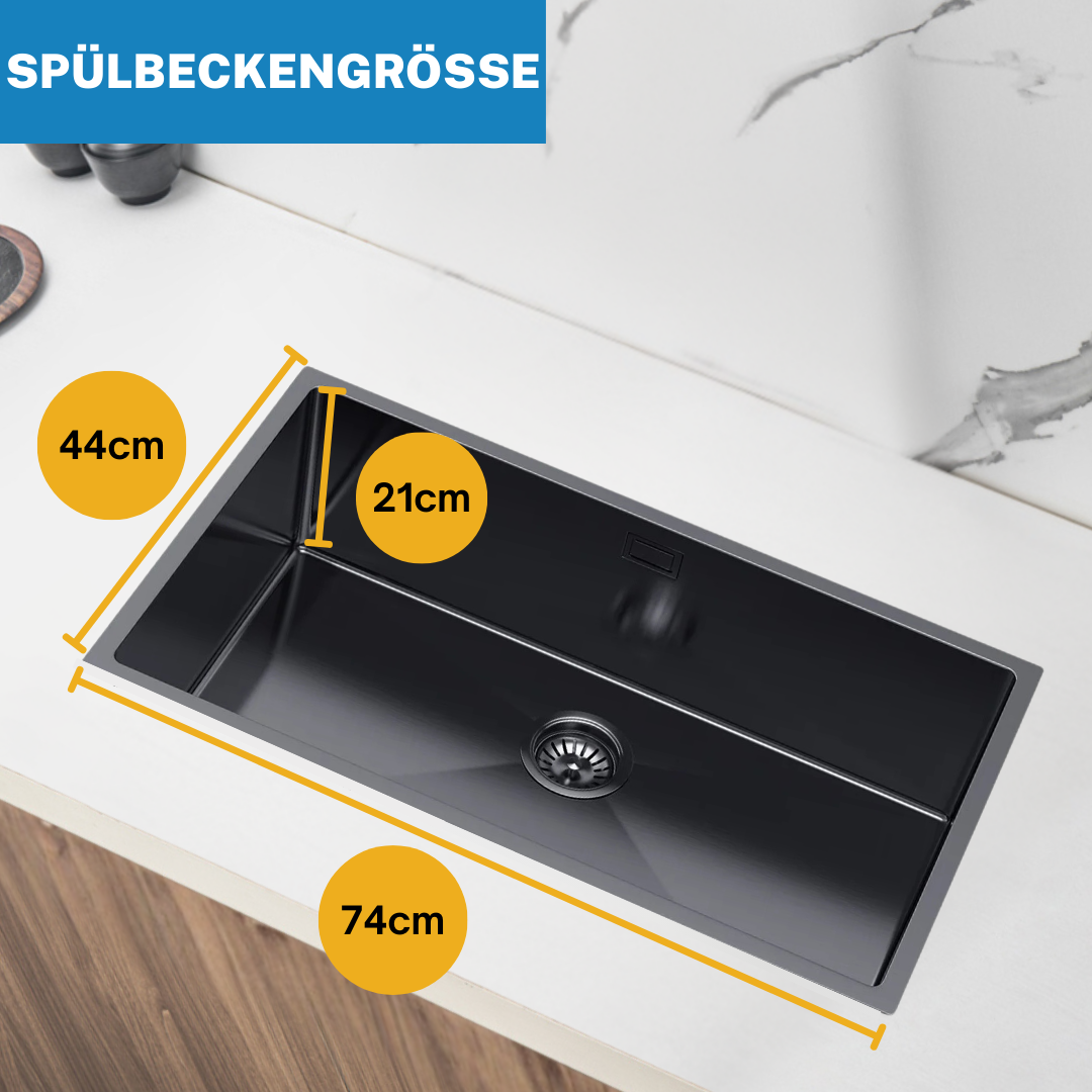 Edelstahl-Einzelbeckenspüle PVD Graphit Groß – 74x44 cm von Velazo.