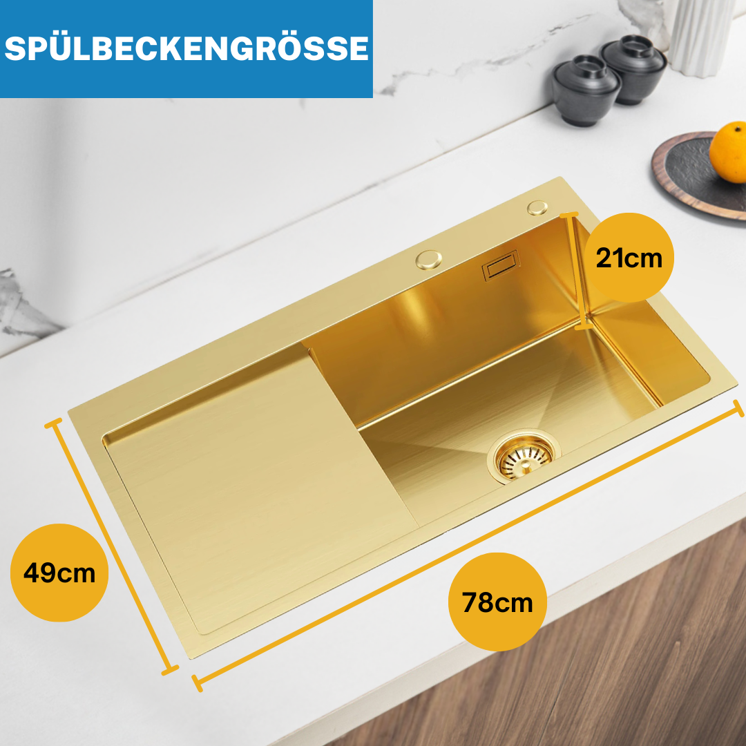 Single bowl sink with drainer 78x49cm L Gold PVD from Velazo.