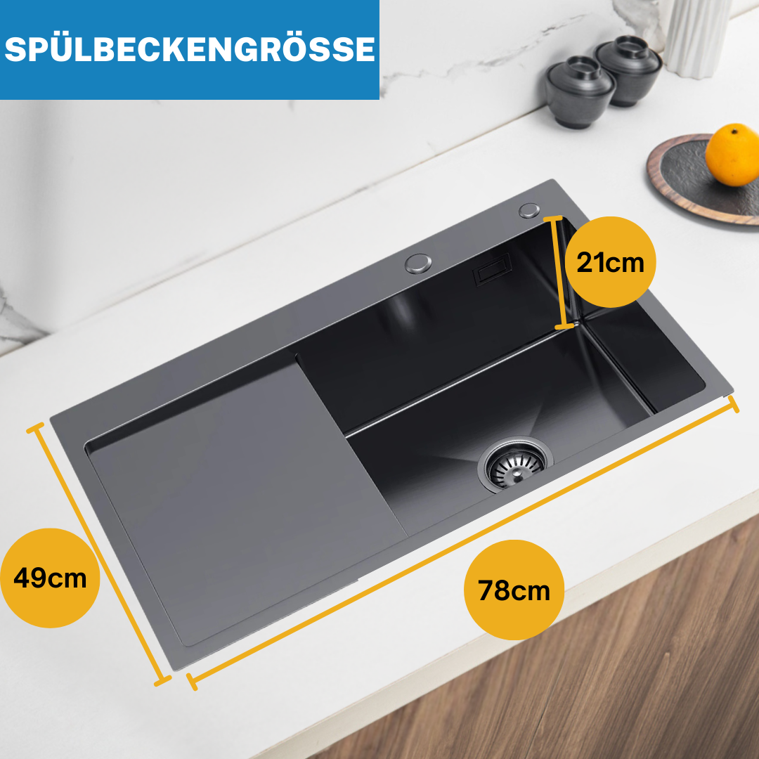 Edelstahl-Küchenspüle 78x49 cm PVD Graphit mit Abtropffläche auf der linken Seite von Velazo.