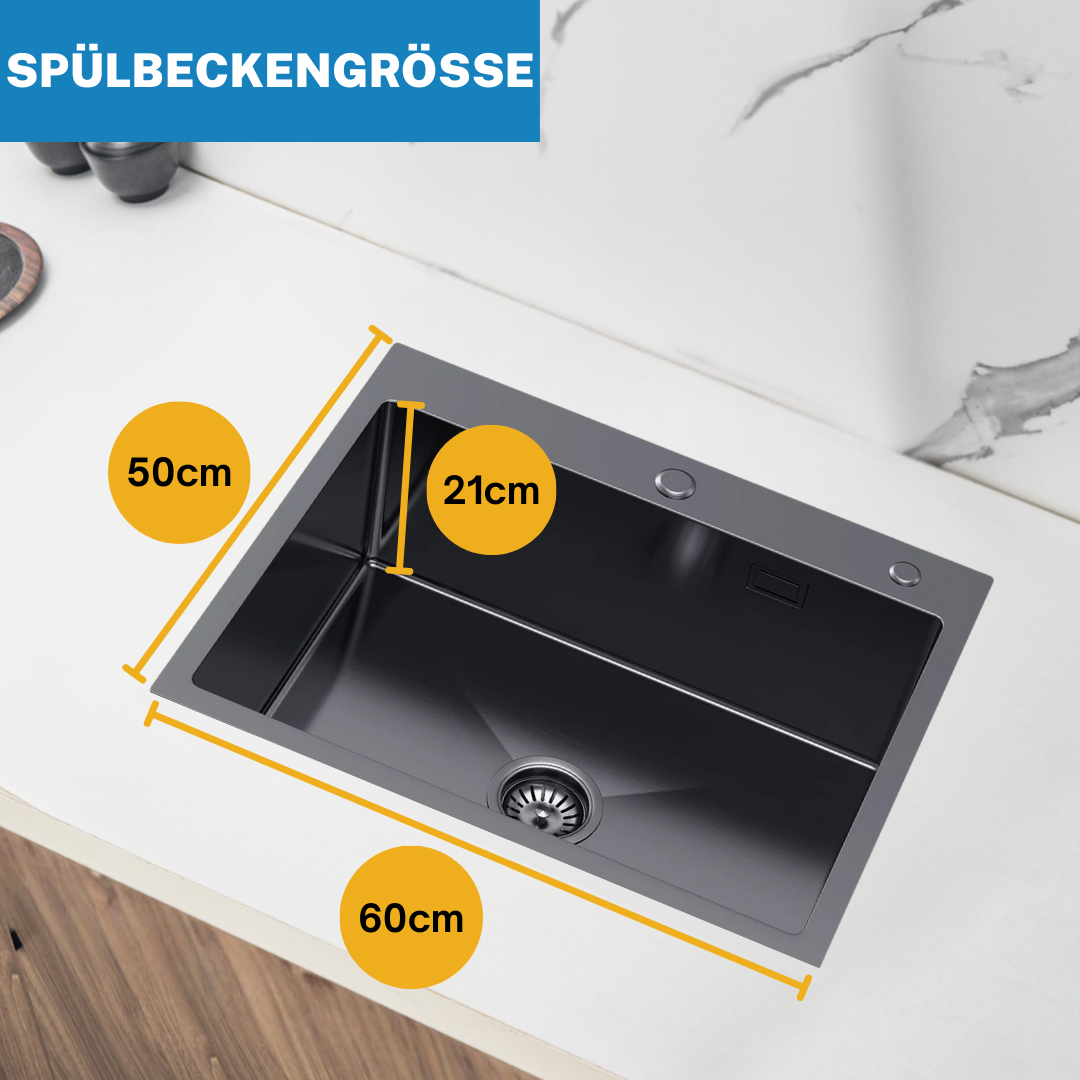 Edelstahl-Einzelbeckenspüle 60x50 cm mit tiefem Becken und Loch für Seifenspender – PVD Graphit von Velazo.