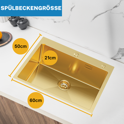 Goldene Einzelspüle aus Stahl, 60 x 50 cm, von Velazo.