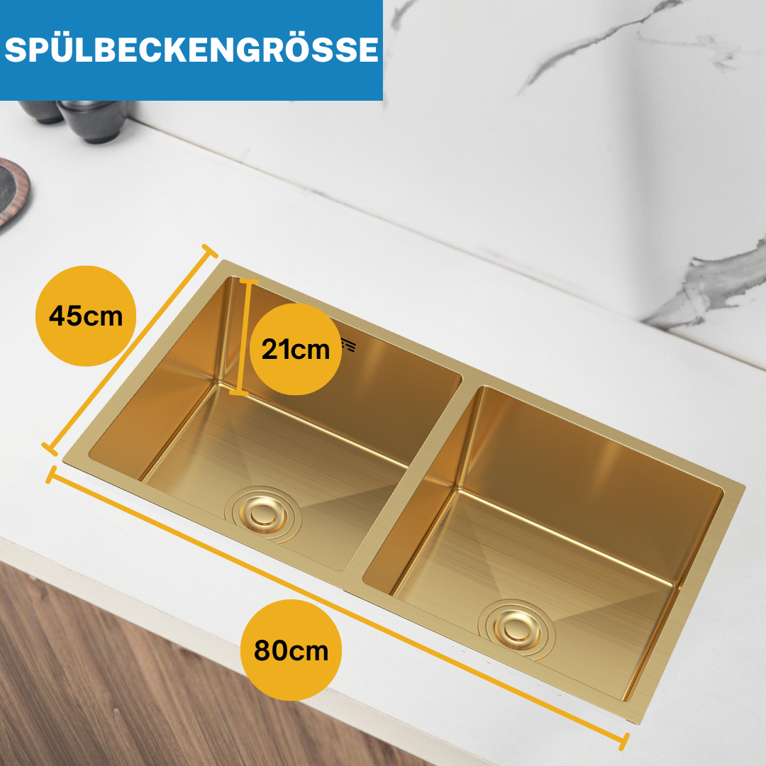 Goldenes Edelstahl-Spülbecken Doppelbecken 80x45 cm von Velazo.