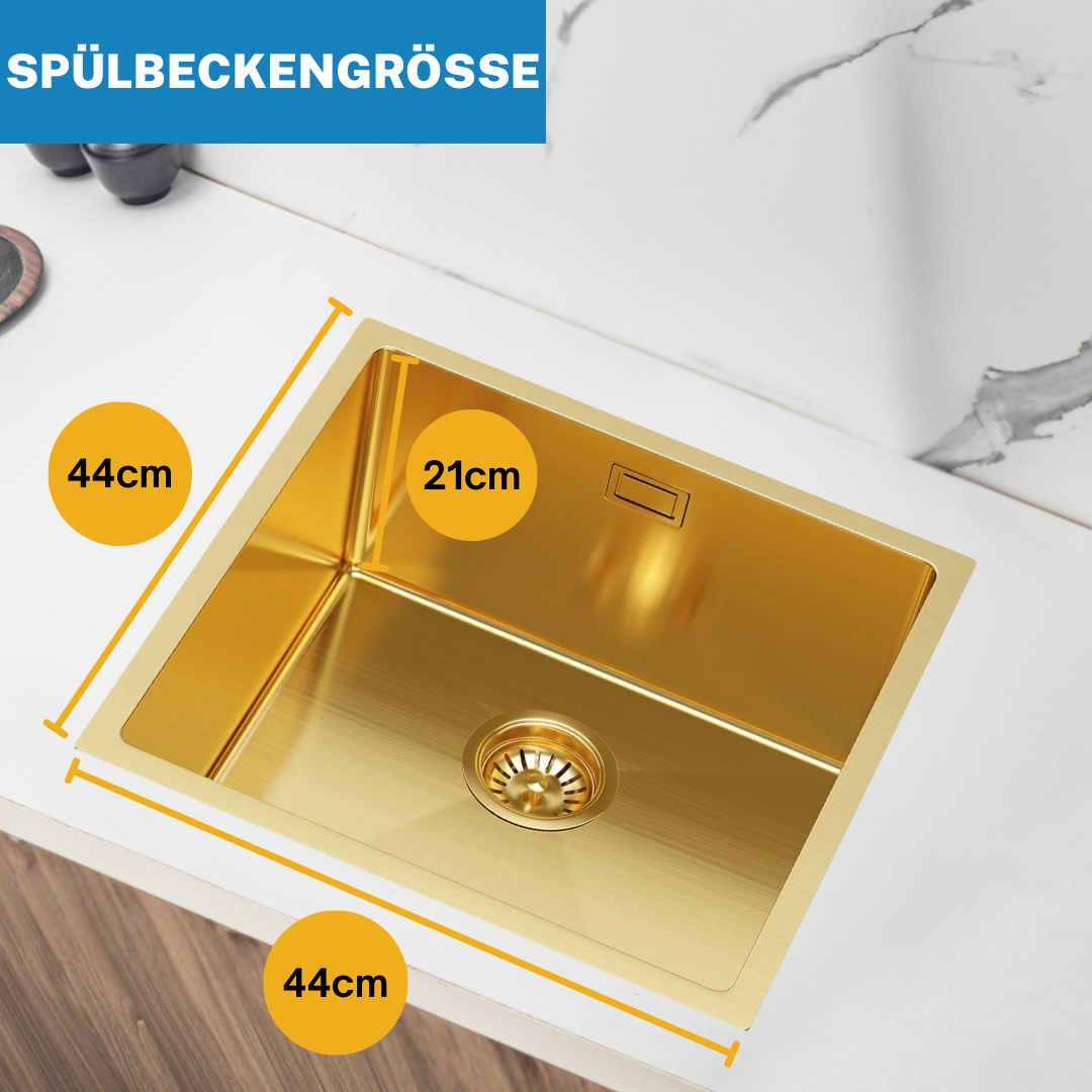 Goldene Edelstahl-Einzelbeckenspüle 44x44 cm von Velazo.