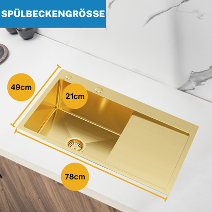 Velazo. Edelstahl-Küchenspüle 78x49 PVD Gold mit Abtropffläche auf der rechten Seite