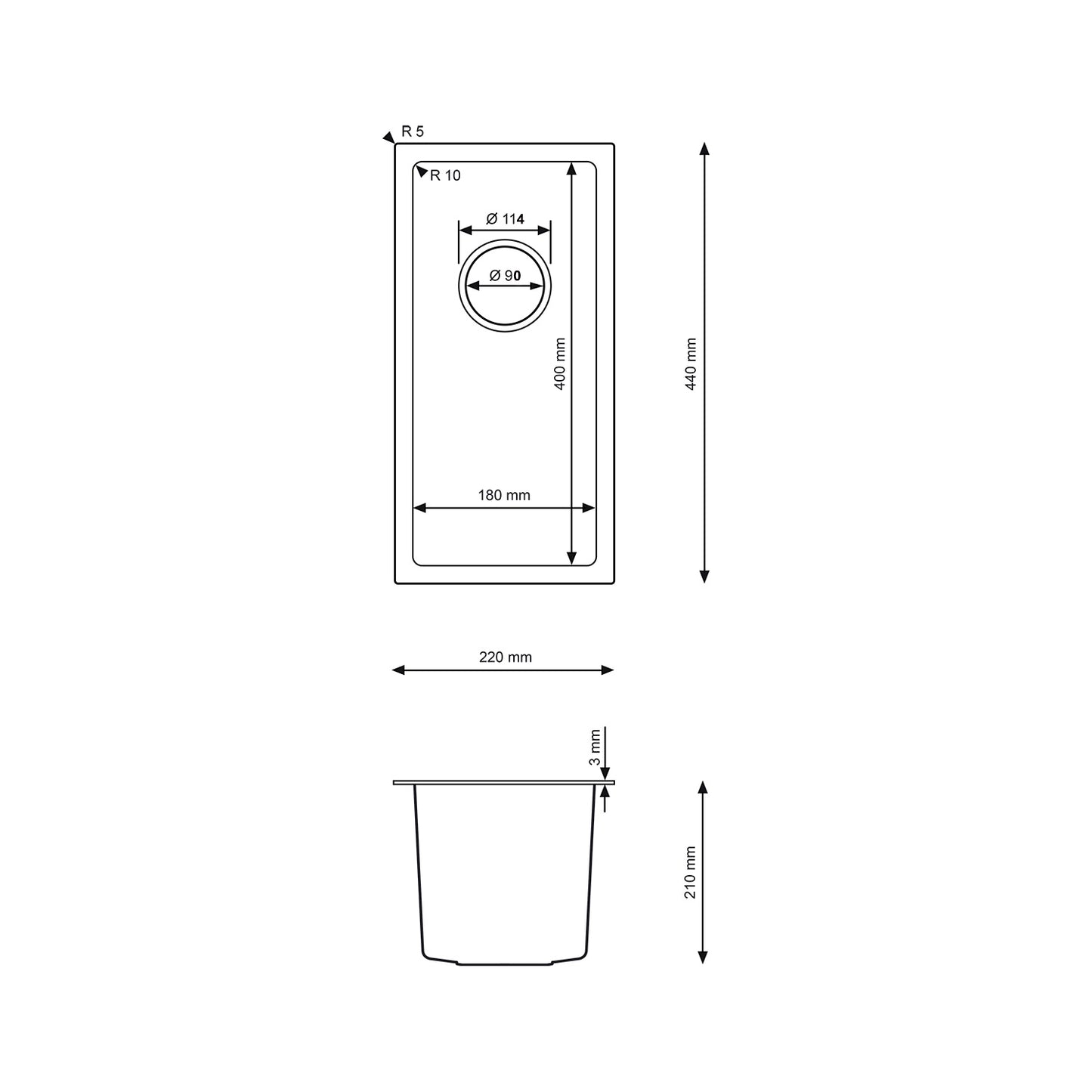 Kleines Küchenspülbecken PVD Graphit – 22x44 cm von Velazo.