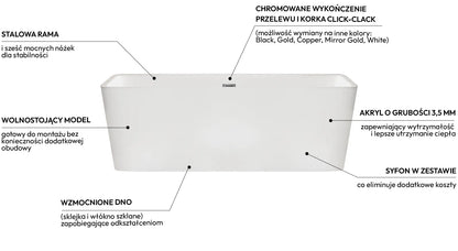 Wanna Wolnostojąca Balneo ROMA 170x80 cm Biała z Chromowanym Przelewem i Korkiem Click-Clack