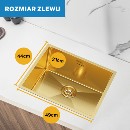 Zlewozmywak 40x45 cm Złoty – Jednokomorowy, Stal Nierdzewna, Z Przelewem i Syfonem od VELAZO.