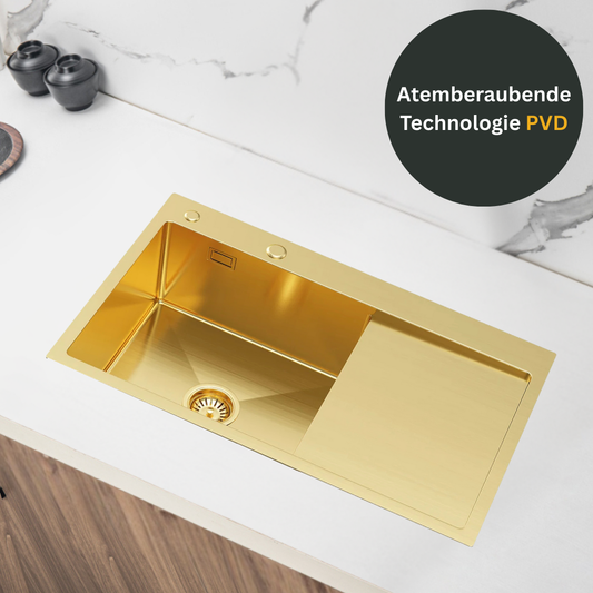 Single bowl sink with drainer 78x49cm L Gold PVD from Velazo.