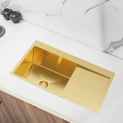 Velazo. Edelstahl-Küchenspüle 78x49 PVD Gold mit Abtropffläche auf der rechten Seite