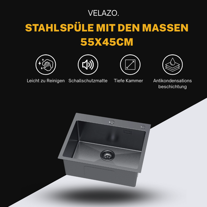 Single-bowl steel sink 55x45 cm PVD Black from Velazo. 