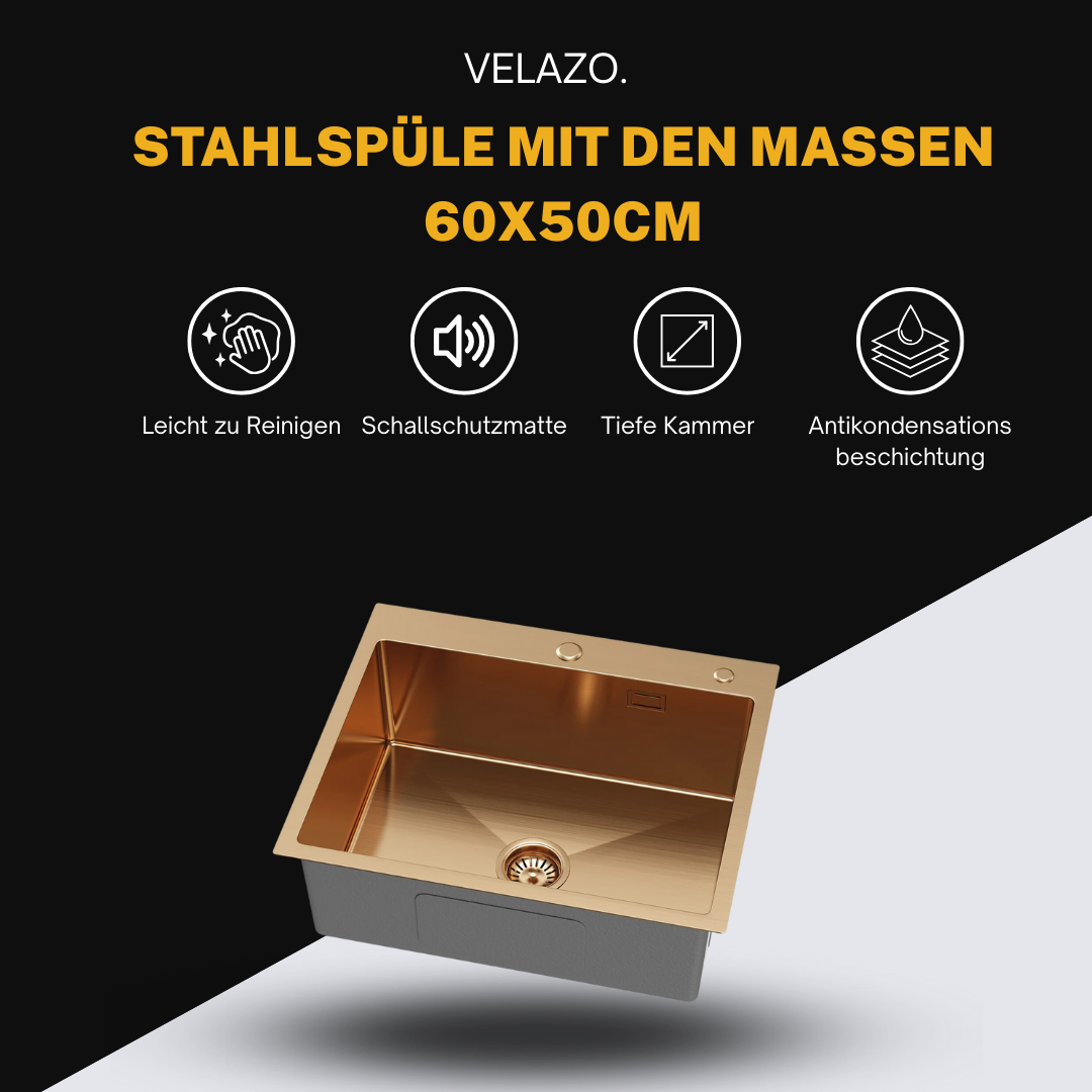 Edelstahl-Küchenspülbecken 60x50 Roségold von Velazo.