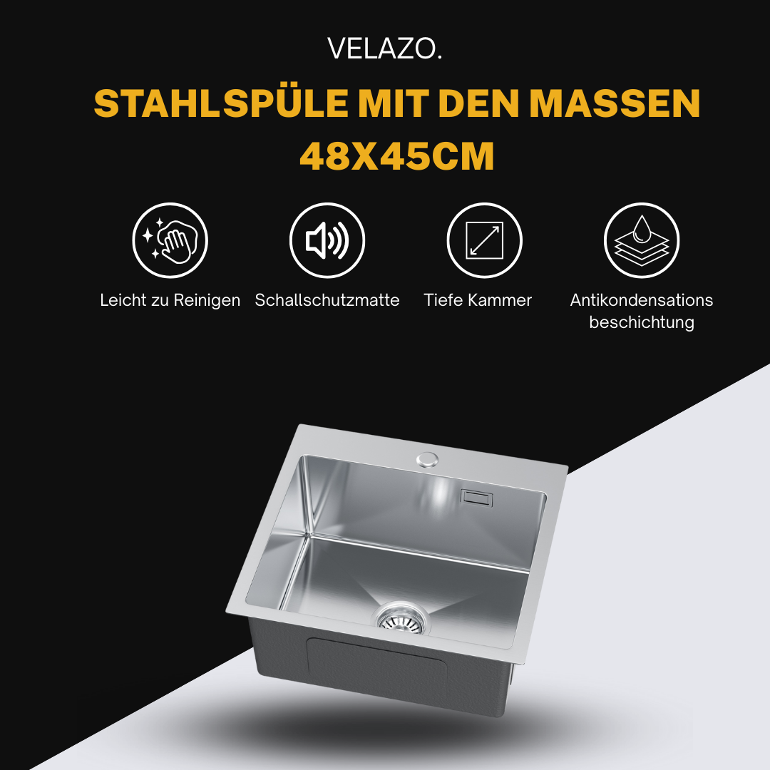 Single-bowl stainless steel sink, silver inox, 48x45cm, with Velazo tap hole.