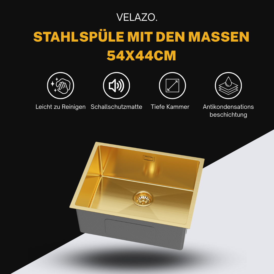 Goldene Einzelspüle aus Stahl, 54 x 44 cm, von Velazo.