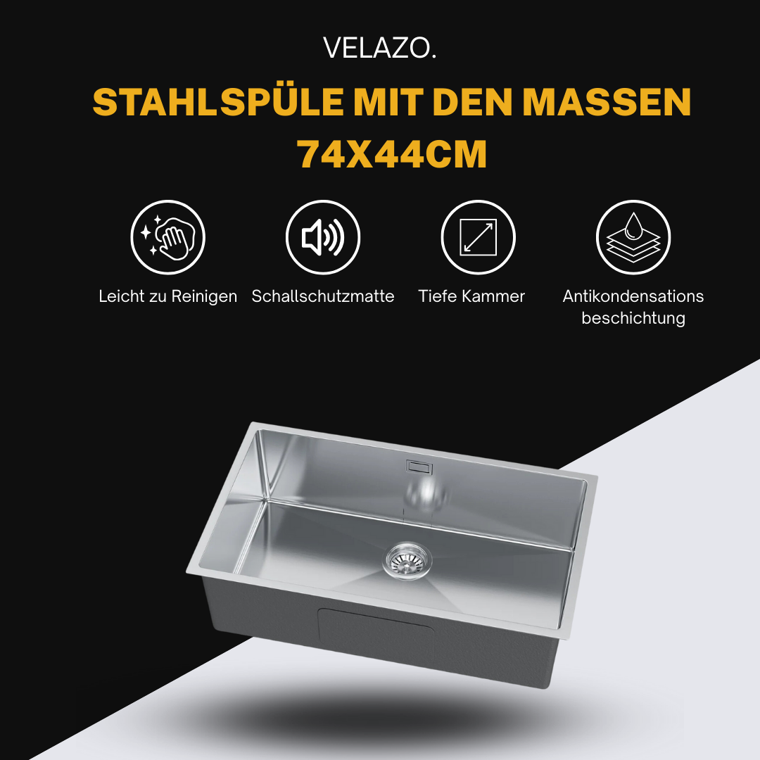 Edelstahl-Einzelbeckenspüle – 74x44 cm von Velazo.