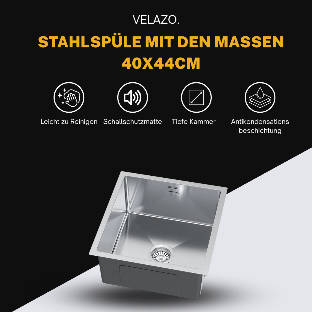 Edelstahl-Einzelbeckenspüle 40x44 cm INOX von Velazo.