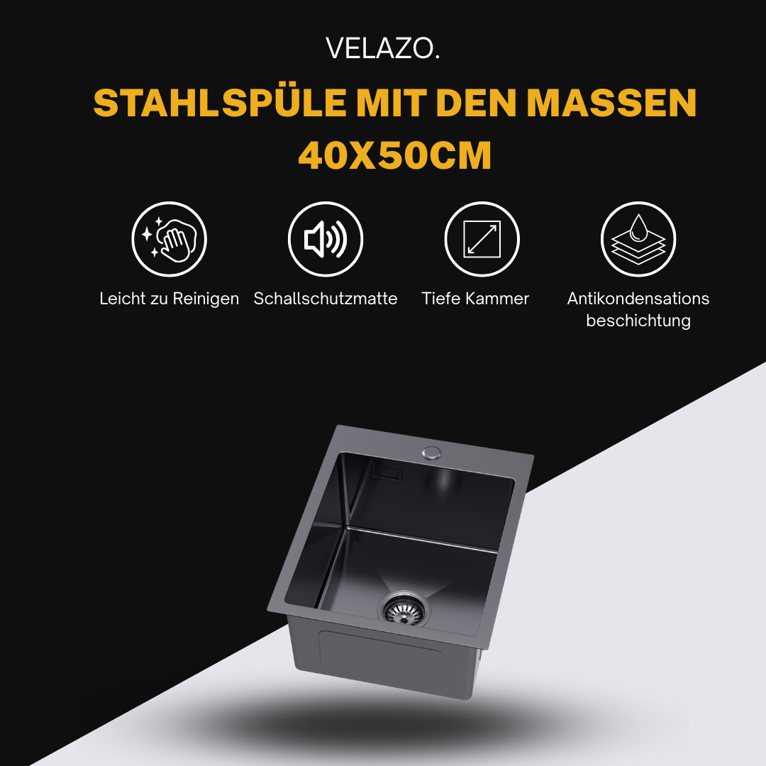 Edelstahl-Einzelbeckenspüle 40x50 cm PVD Graphit von Velazo.