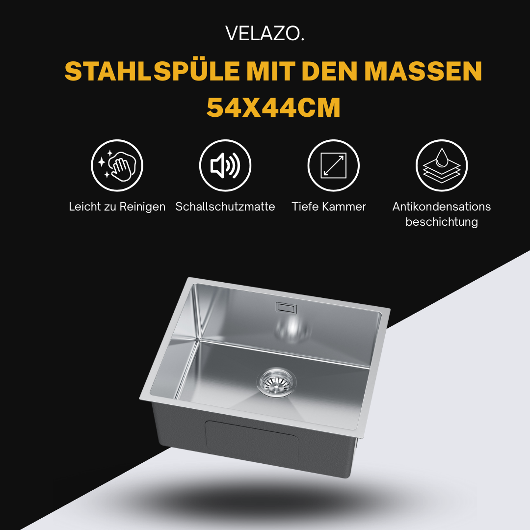Edelstahl-Einzelbeckenspüle 54x44 cm INOX von Velazo.