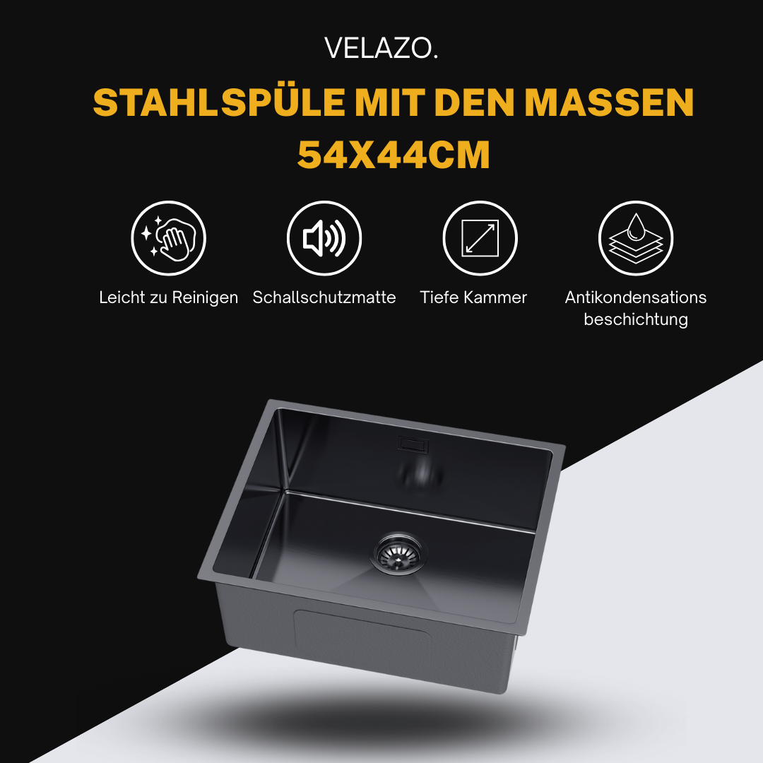 Edelstahl-Einzelbeckenspüle 54x44 cm PVD Graphit von Velazo.