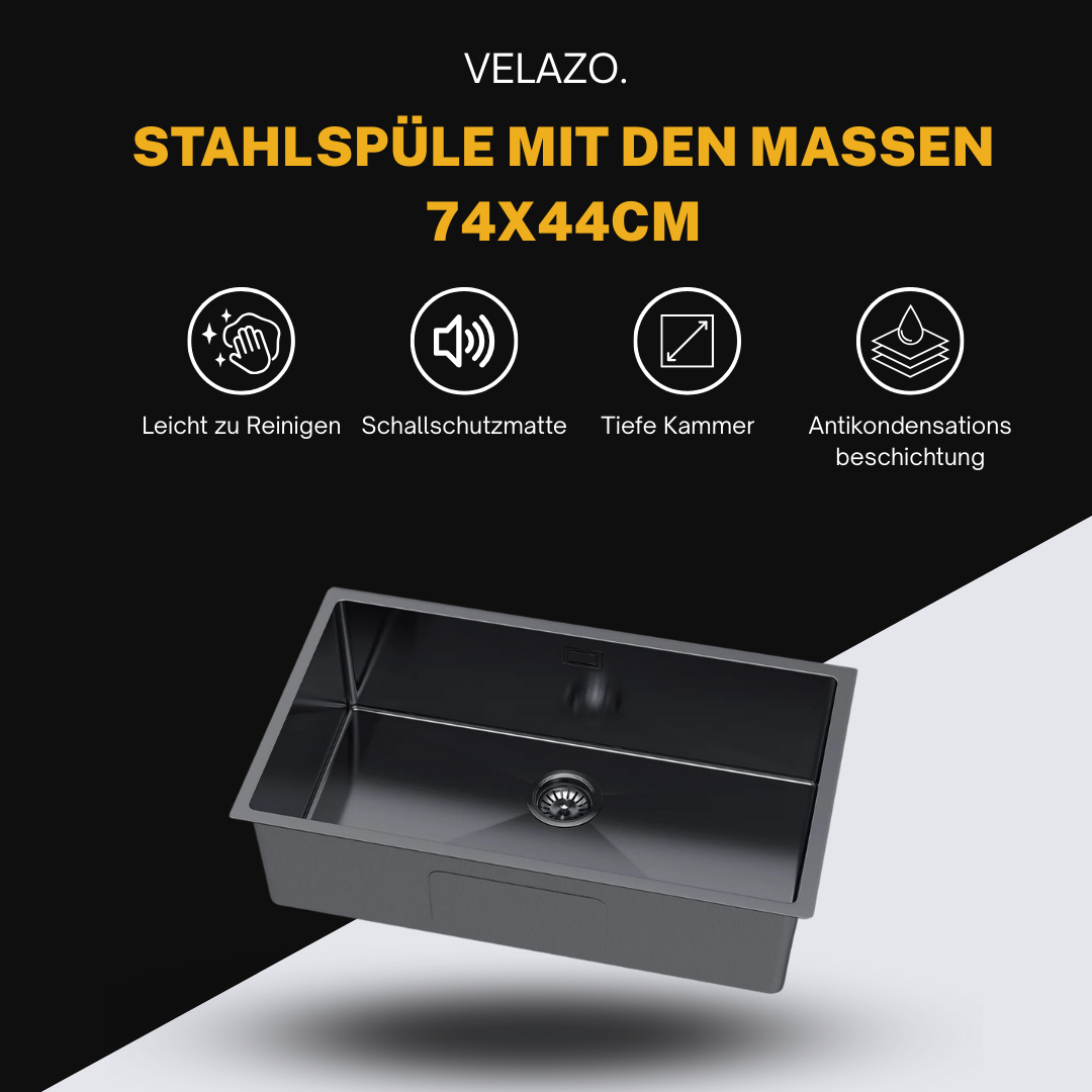 Edelstahl-Einzelbeckenspüle PVD Graphit Groß – 74x44 cm von Velazo.