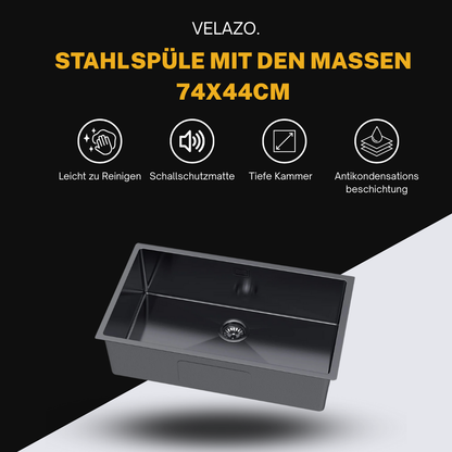Edelstahl-Einzelbeckenspüle PVD Graphit Groß – 74x44 cm von Velazo.