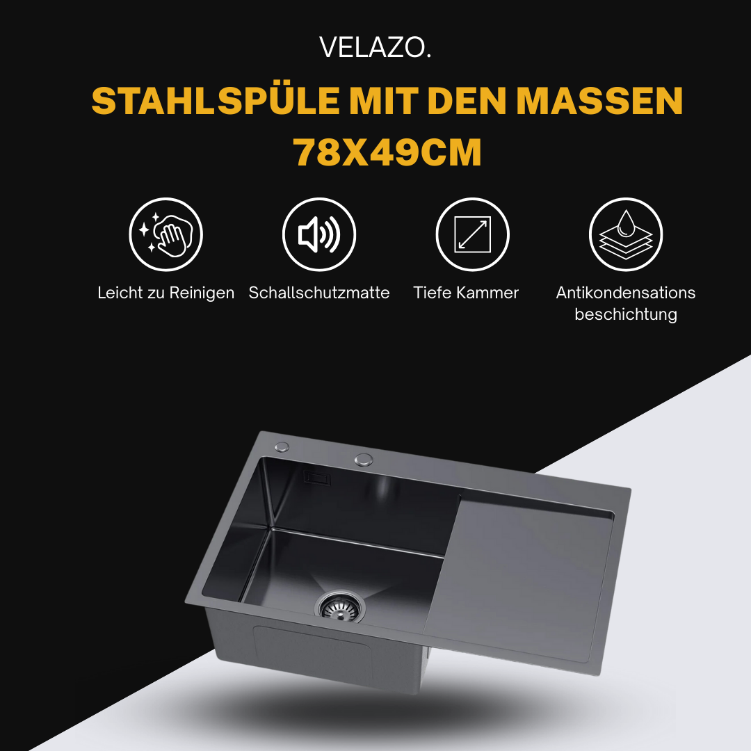 Single-bowl steel sink with drainer - 78x49cm from Velazo.