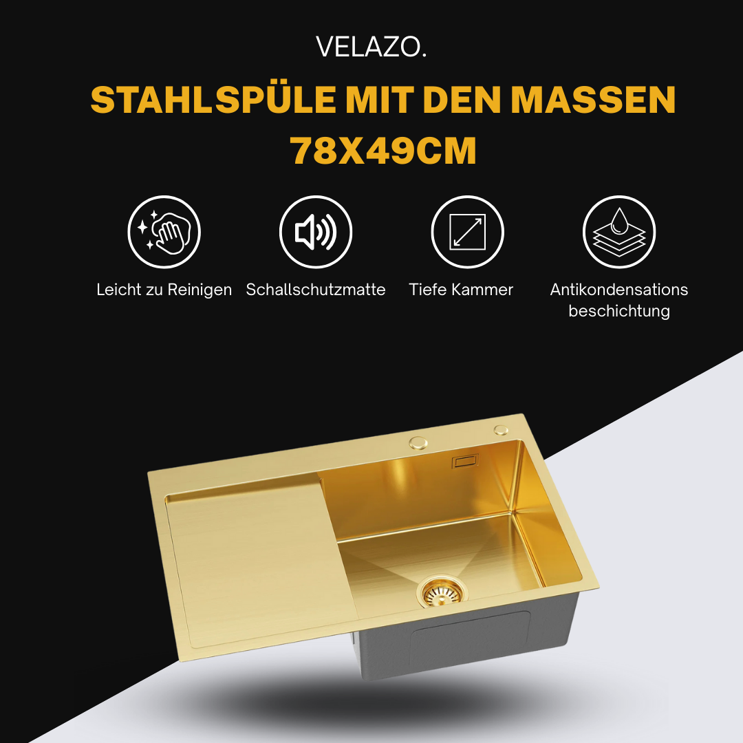 Single bowl sink with drainer 78x49cm L Gold PVD from Velazo.
