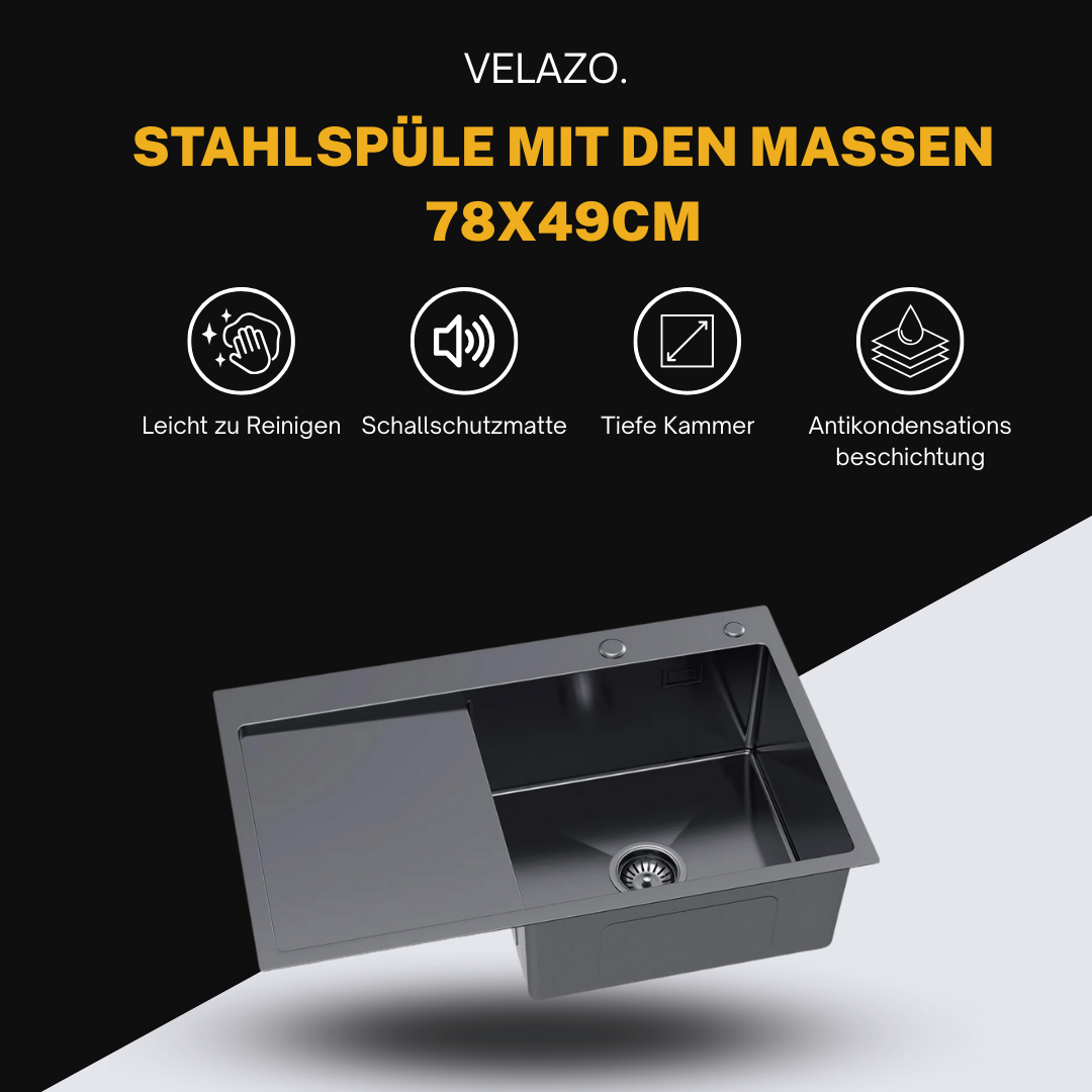 Edelstahl-Küchenspüle 78x49 cm PVD Graphit mit Abtropffläche auf der linken Seite von Velazo.