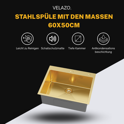 Goldene Einzelspüle aus Stahl, 60 x 50 cm, von Velazo.