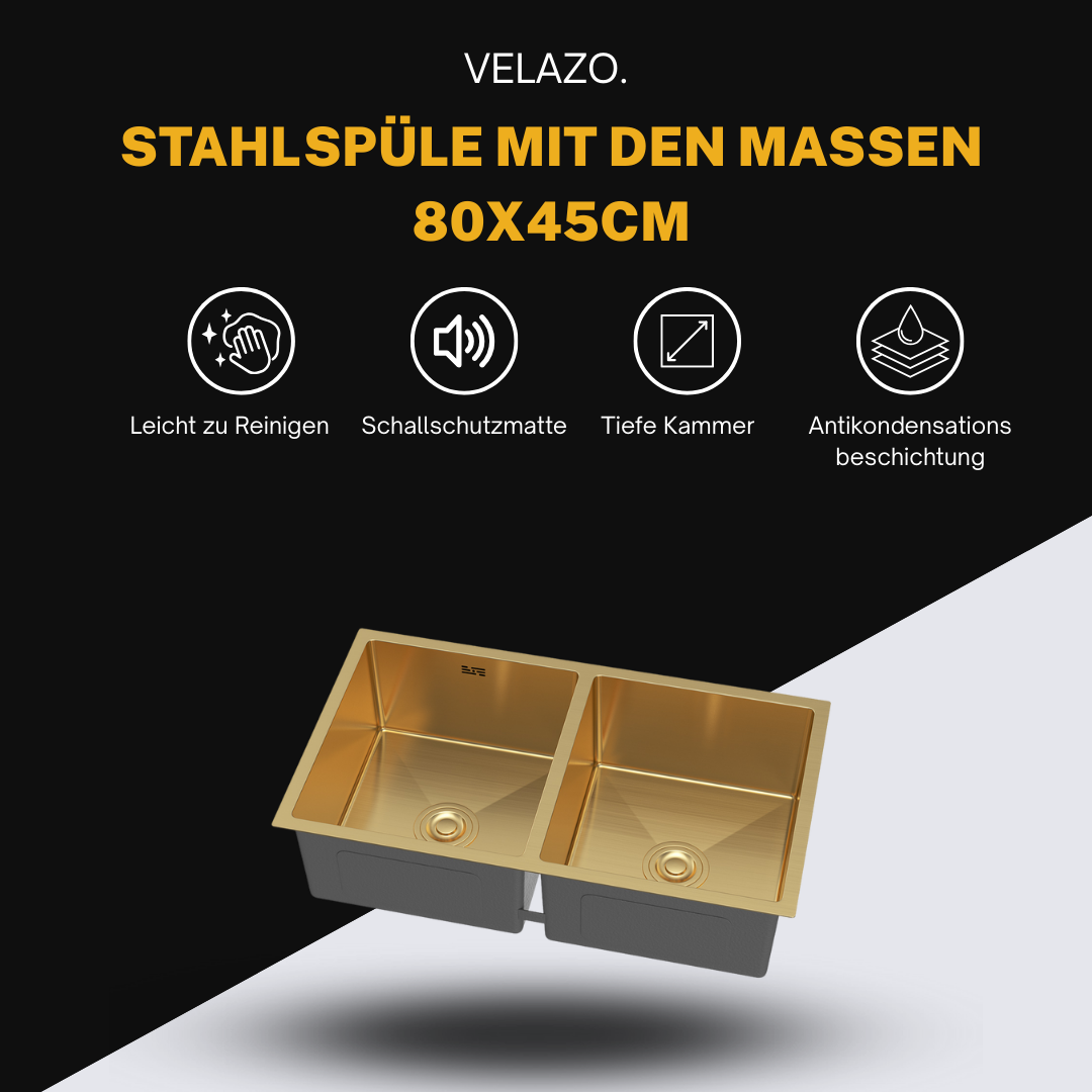 Goldenes Edelstahl-Spülbecken Doppelbecken 80x45 cm von Velazo.