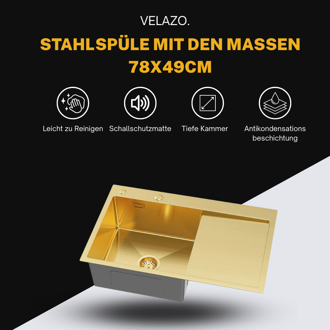 Single bowl sink with drainer 78x49cm L Gold PVD from Velazo.